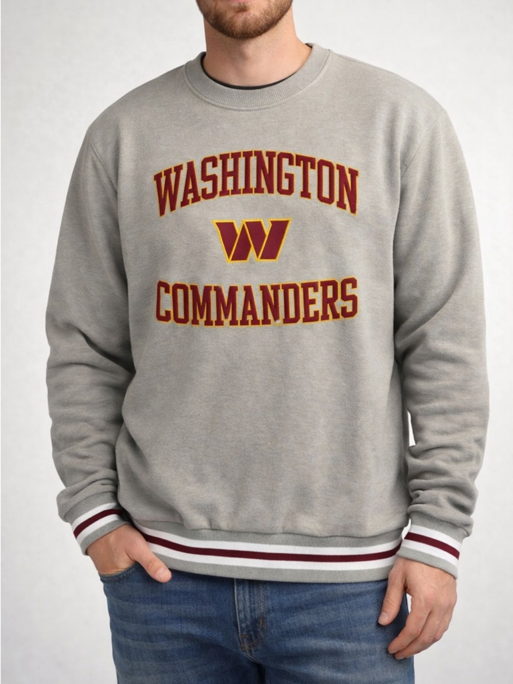 NFL Washington Commanders Gray Crewneck Sweatshirt with Burgundy & Gold Logo
